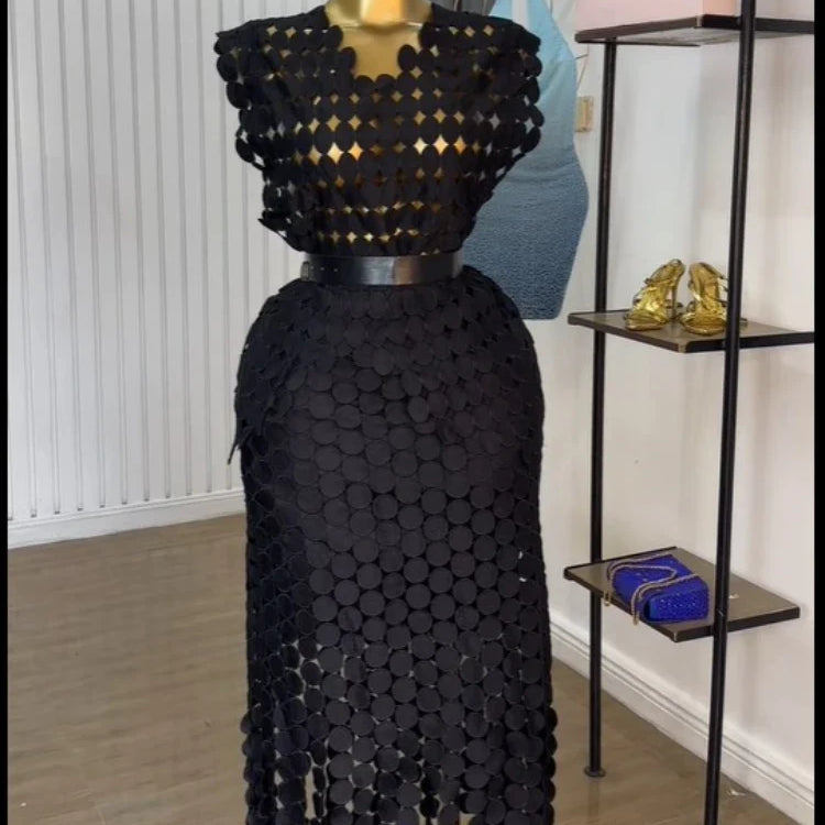 CM.YAYA Women Cutout O-neck Crop Top and Bodycon Midi Slim Maxi Long Skirt Suit 2025 Summer Vacation Sexy Two 2Piece Set Outfits black-black-belt One Size