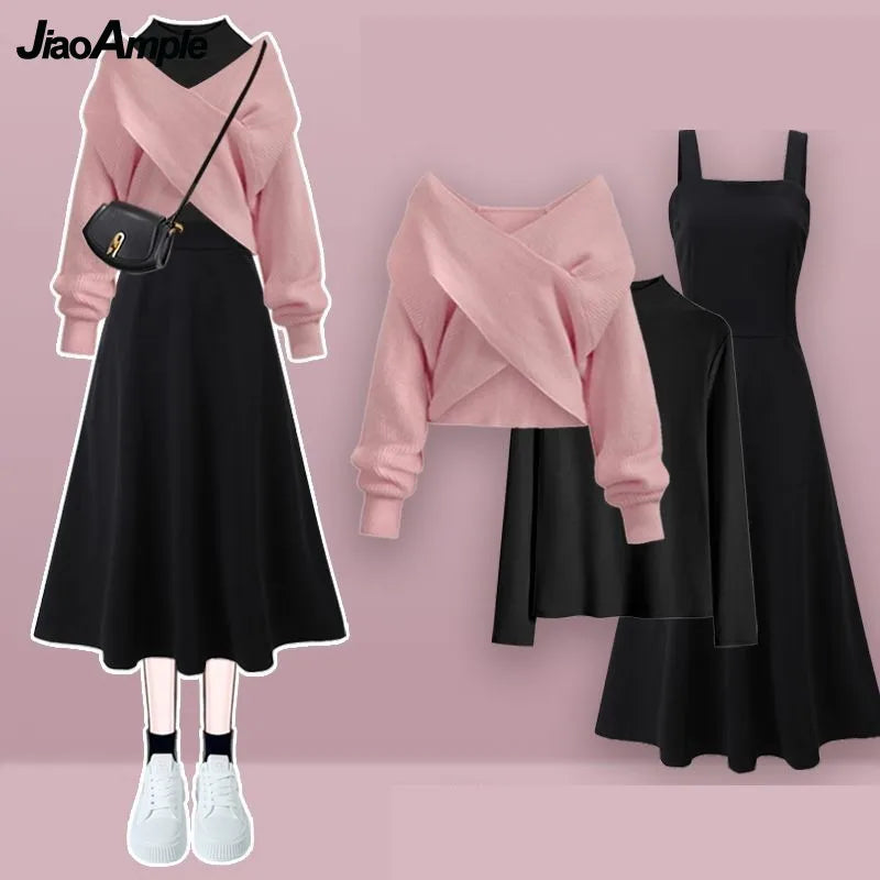 Autumn/Winter New Korean Elegant Matching Set Women's Fashion Cross Knit Sweater+Bottom Shirt+Strap Dress Three Piece Suit