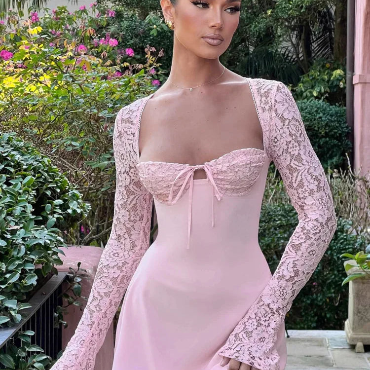 JULISSA MO Fashion Lace Patchwork Long Sleeve Bangage Backless Mini Dress For Women Spring Sexy Slim Fit Party Clubwear New