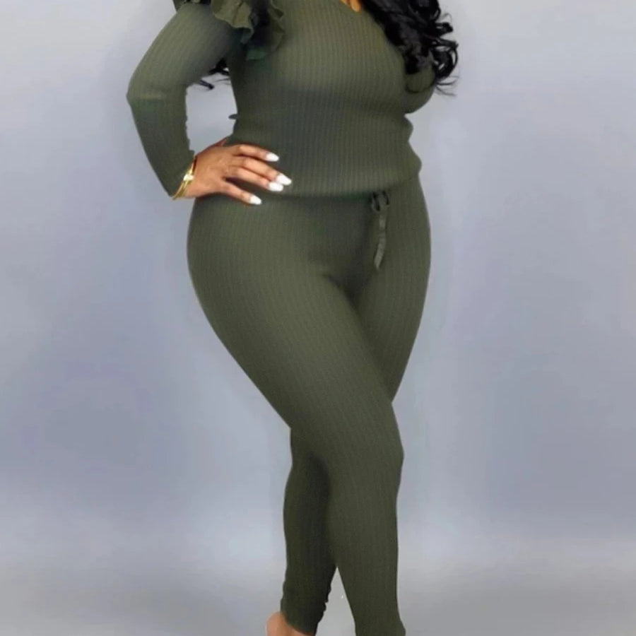 4XL 5XL LW Plus Size Trendy V Neck Striped Yellow Two-piece Pants Set Spring Women Basic Plain Ruffles Female Matching Suit