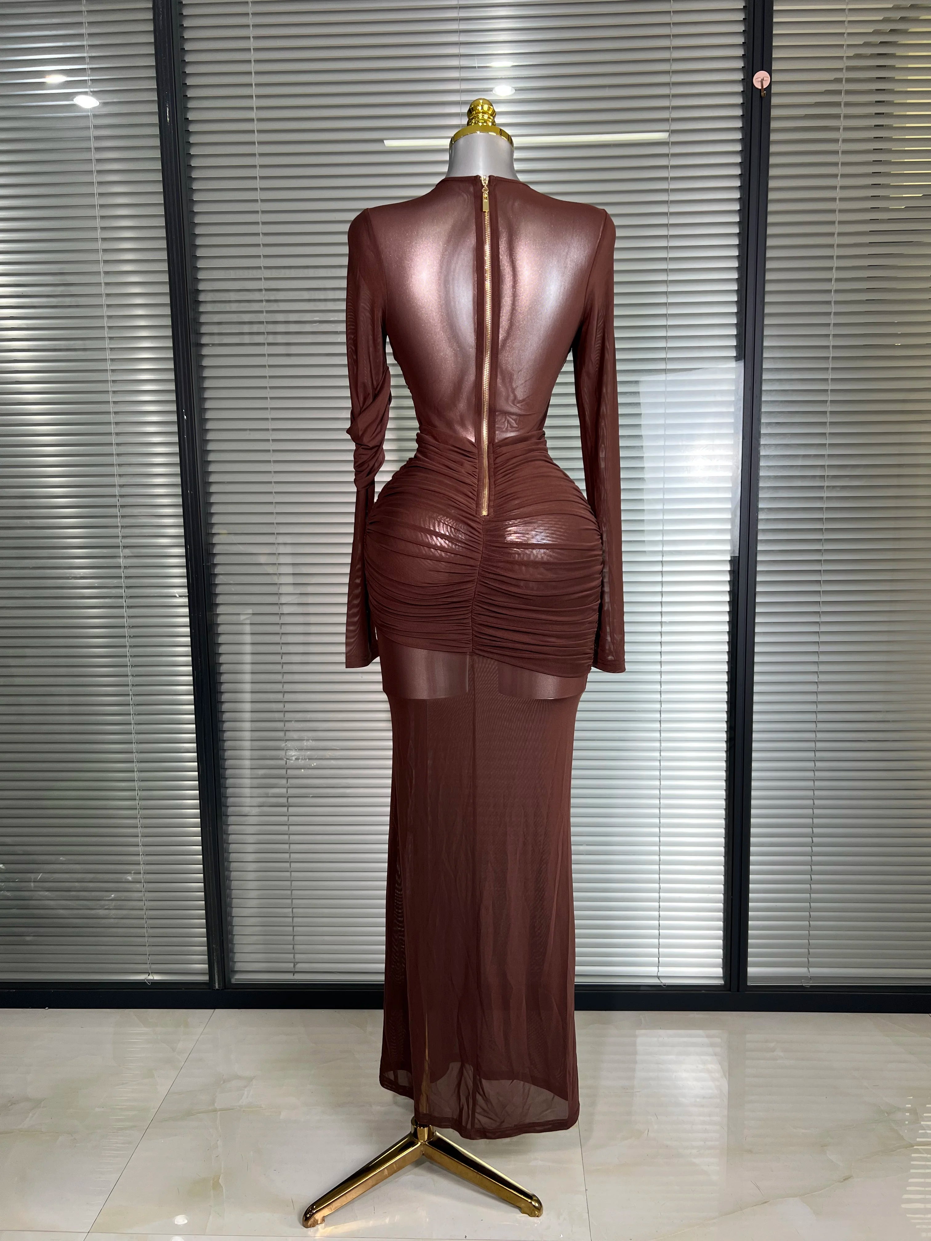 Summer New Women Sexy Long Sleeve Lace Mesh Ruched Maxi Dress Brown High Street Party Dress