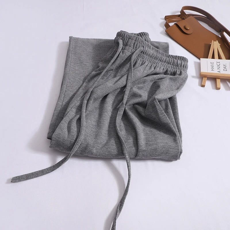 ITOOLIN Women Casual Straight Pants Drawstring Elastic Waist Thin Solid Pants Sports Wide Leg Trousers For Women Spring GREY One Size