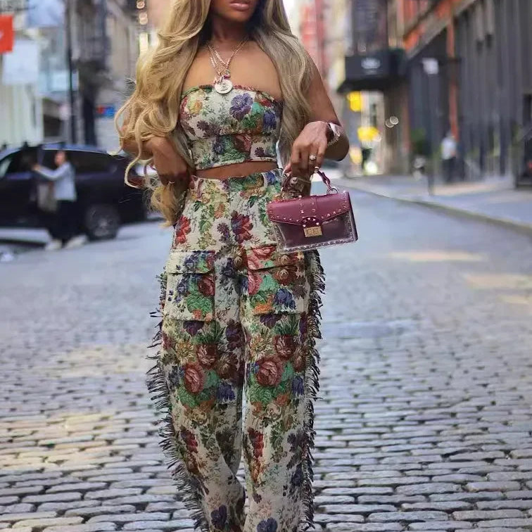 CM.YAYA Fashion Print Women's Set Strapless Top and Wide Leg tassel Pants Summer Cargo Street Two 2 Piece Set Outfit Tracksuit