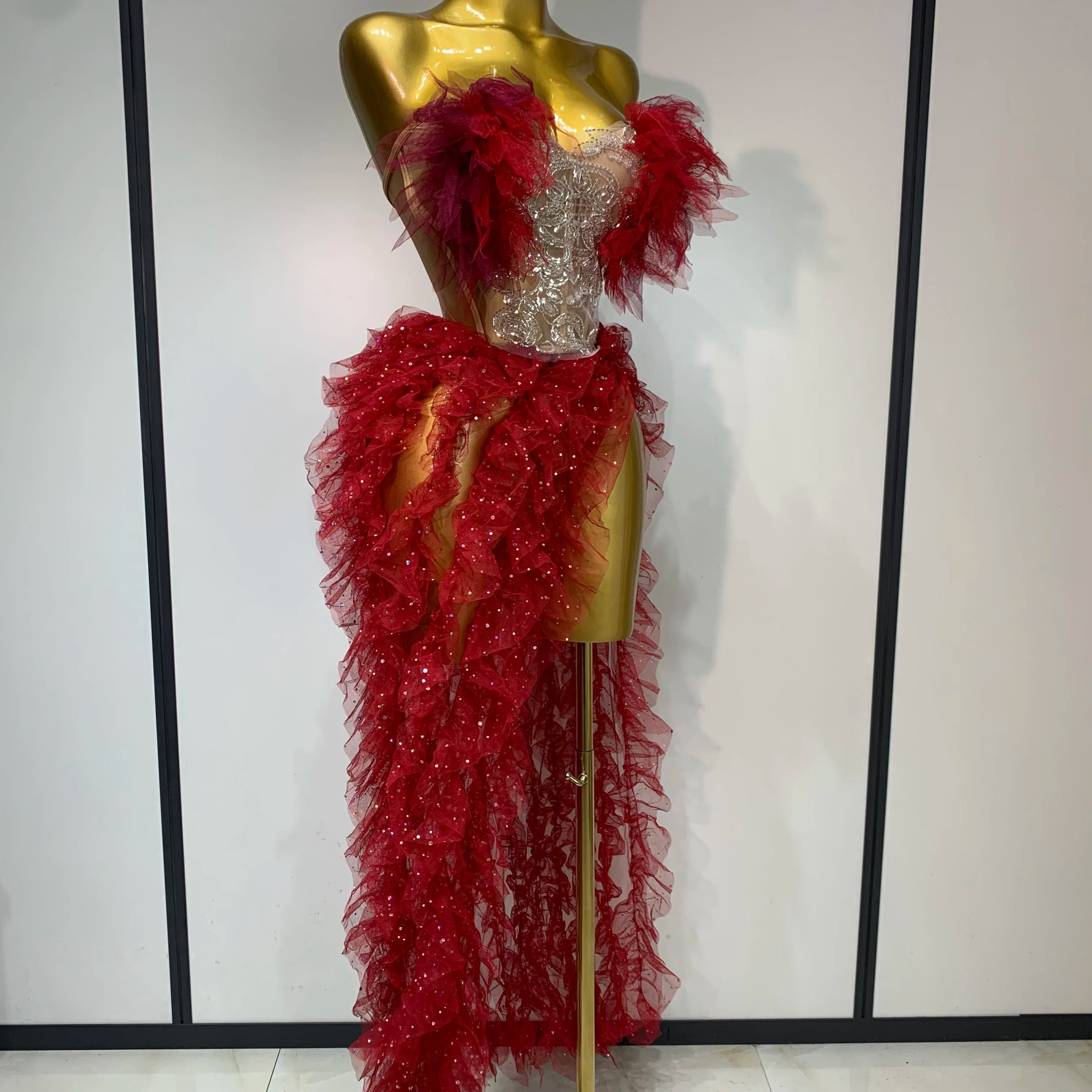 Women Sexy Strapless Mesh two Pieces Set Bodycon Long Dress High Split Nightclub Party Luxury Birthday  Singer Stage Outfit