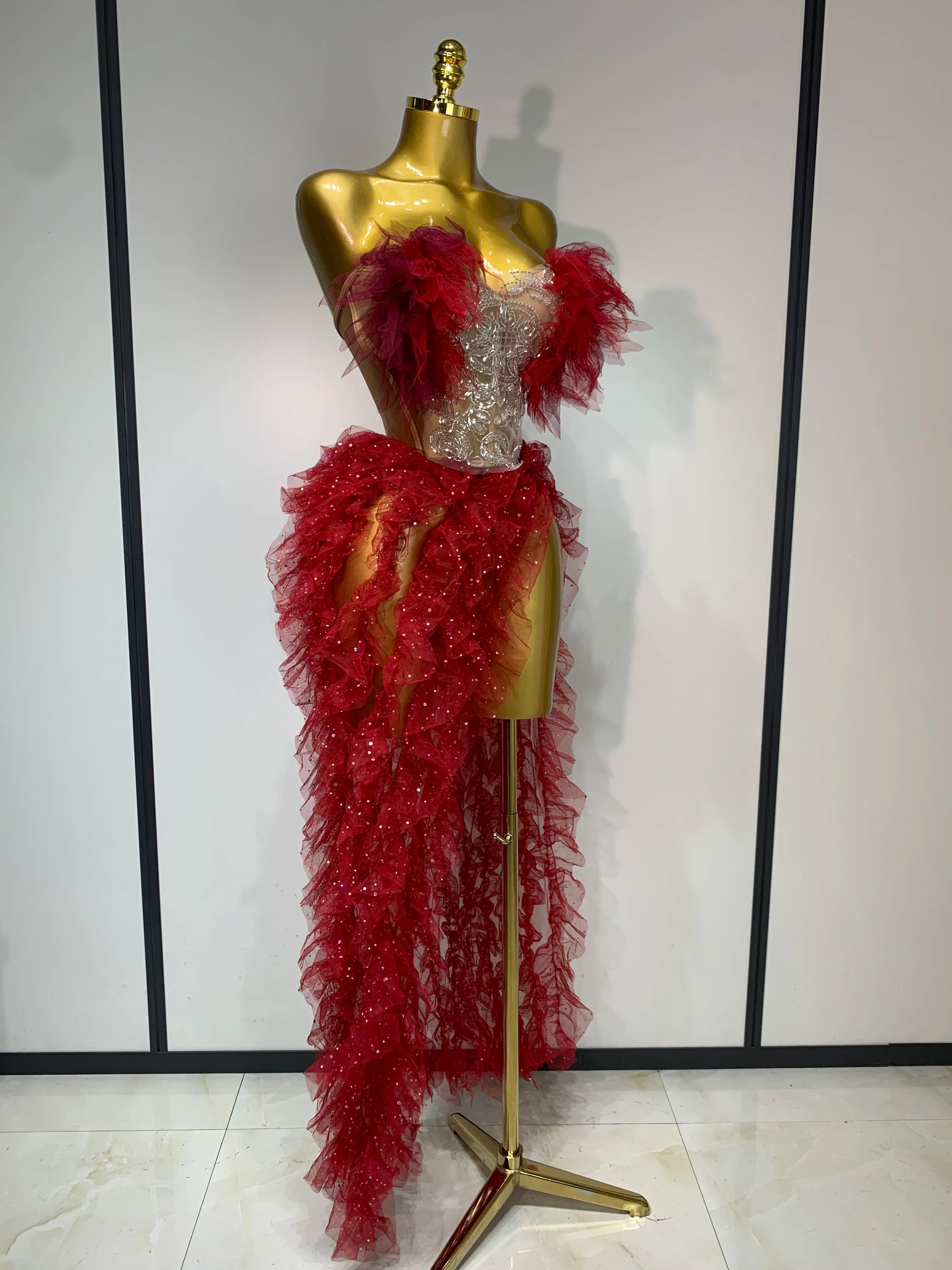 Women Sexy Strapless Mesh two Pieces Set Bodycon Long Dress High Split Nightclub Party Luxury Birthday  Singer Stage Outfit