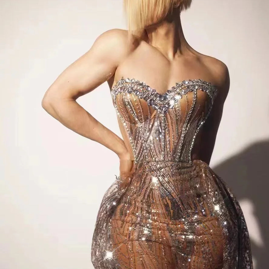 Silver Sparkly Crystal Women Strapless Laced-up 2 Pieces Long Dress Celebrate Birthday Photo Shoot Performance