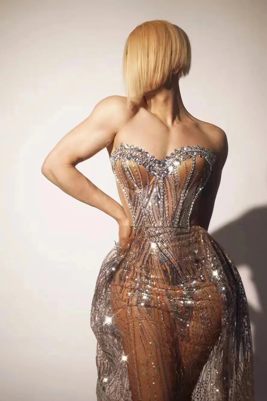 Silver Sparkly Crystal Women Strapless Laced-up 2 Pieces Long Dress Celebrate Birthday Photo Shoot Performance