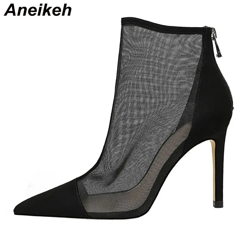 Fashion Spring Ventilation Mesh ANKLE Boots Ladies Pumps 9.5CM Thin Heels Pointed Toe ZIP Solid Women's Shoes