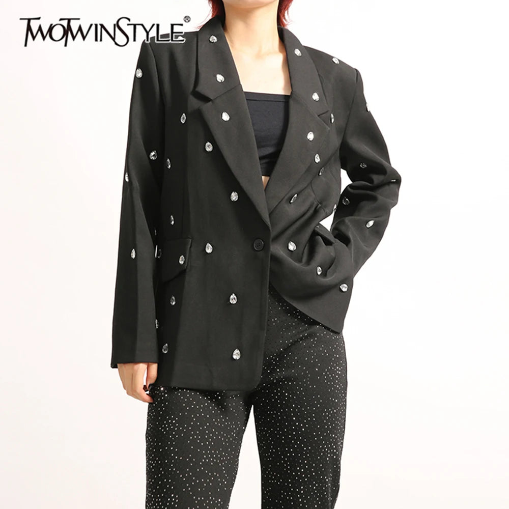 TWOTWINSTYLE Solid Loose Spliced Bead Elegant Jackets for Women Lapel Long Sleeves Patchwork Button Jacket Female Clothing New