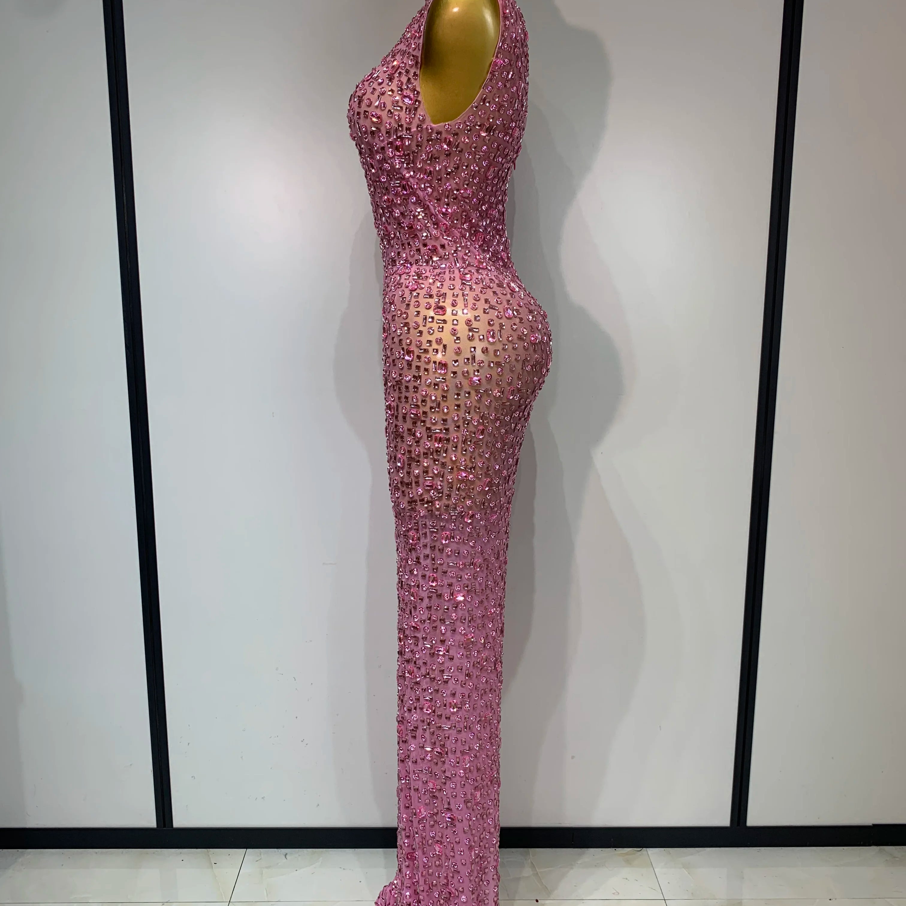 Sparkly Rhinestone Sleeveless Maxi Long Dress Sexy Mesh See Through Luxury Birthday Dress Evening Party Singer Stage Outfit