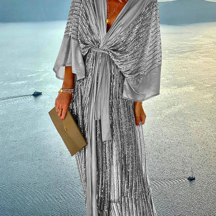 2022 Women Beach Style Three Quarter Batwing Sleeve Holiday Dress V-Neck Sequin Lace-Up Summer Patchwork Ladies Maxi Party Dress