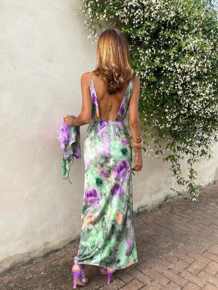 Women's Detachable Sleeves Beach Maxi Dress Sexy Backless Tie Dye Sling Dress Summer Ladies High Waist Long Robes