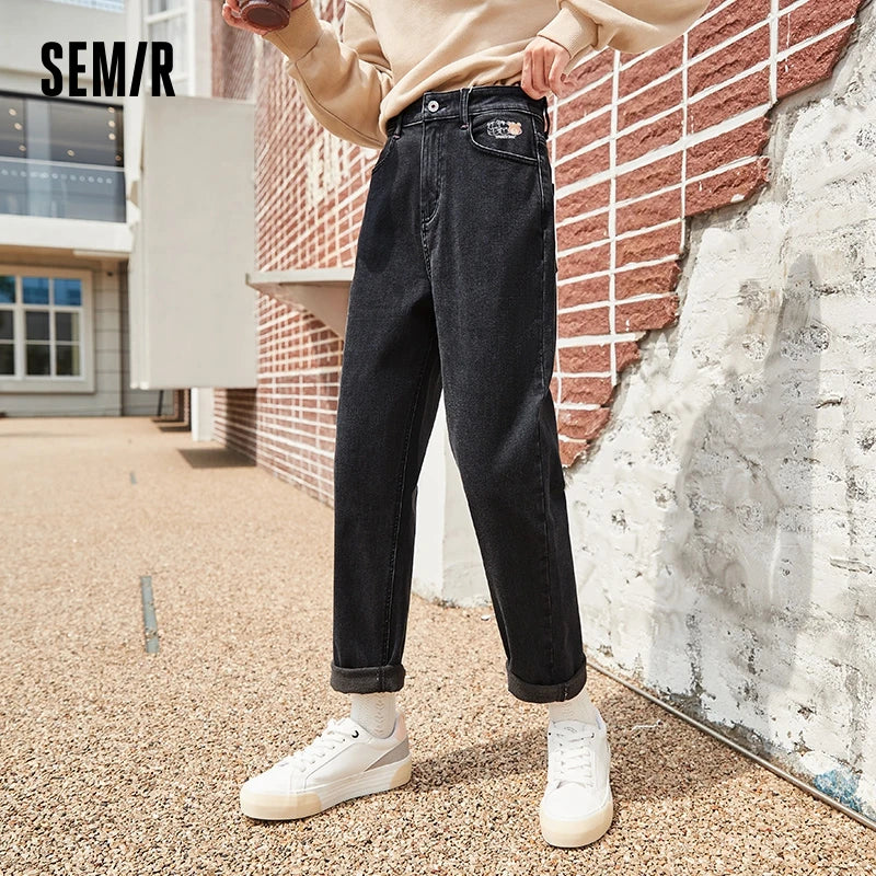 Jeans Women Loose Straight Leg Winter Trendy Bear Pattern Jeans