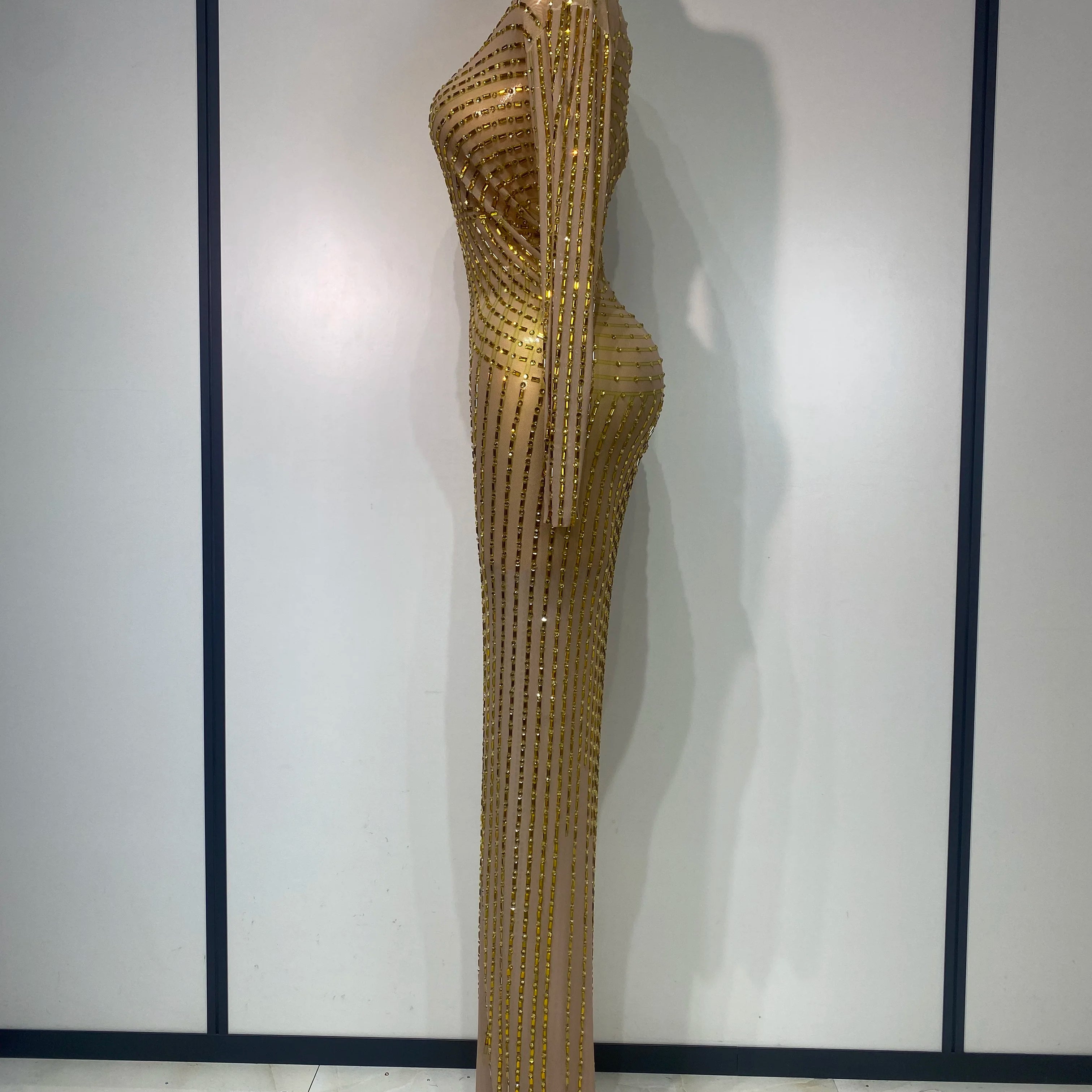 Sexy Long Sleeve Mesh See Through Gold Silver Maxi Dress Evening Party Singer Costume Stage Performance Luxury Birthday Dress