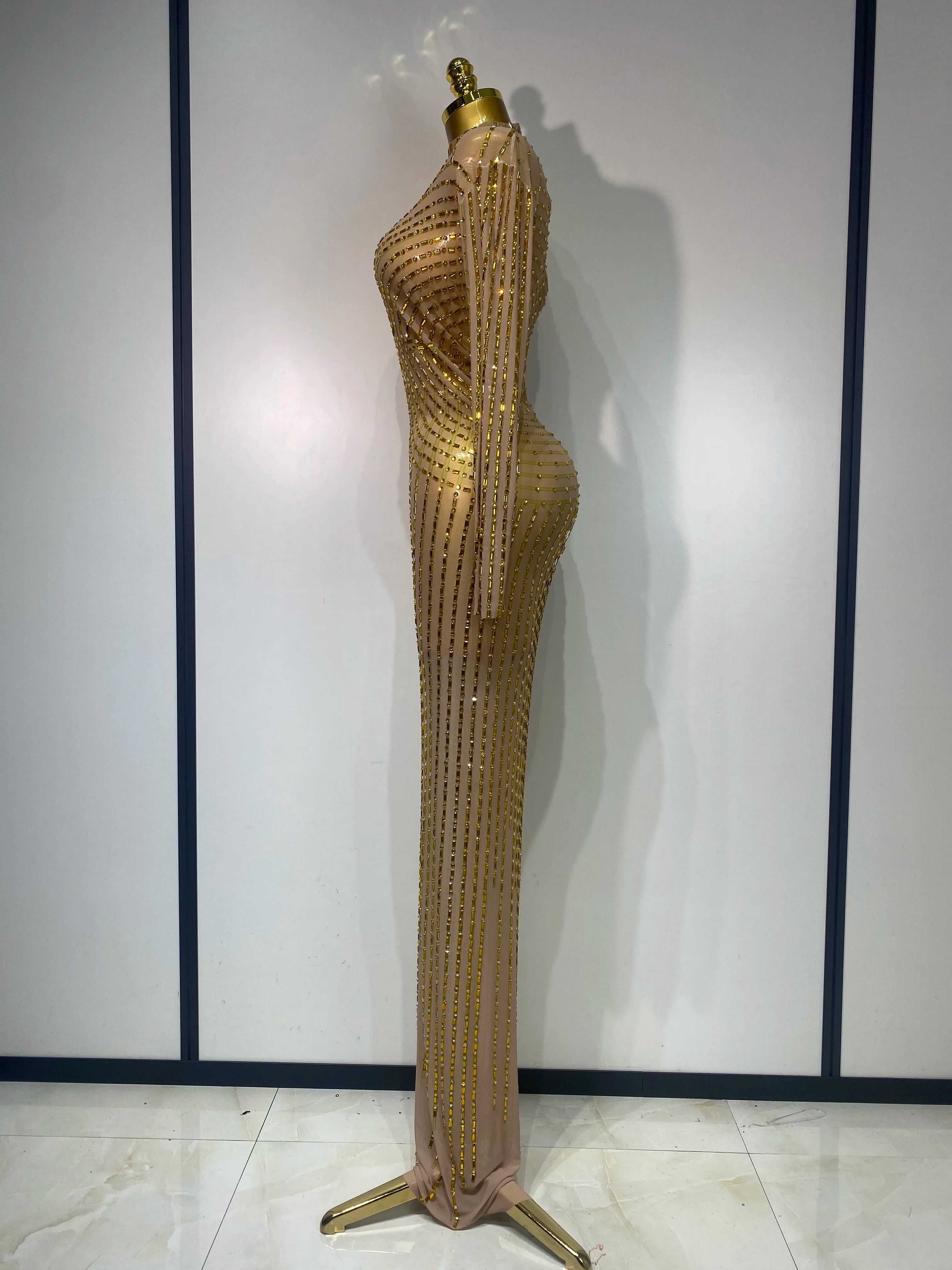 Sexy Long Sleeve Mesh See Through Gold Silver Maxi Dress Evening Party Singer Costume Stage Performance Luxury Birthday Dress