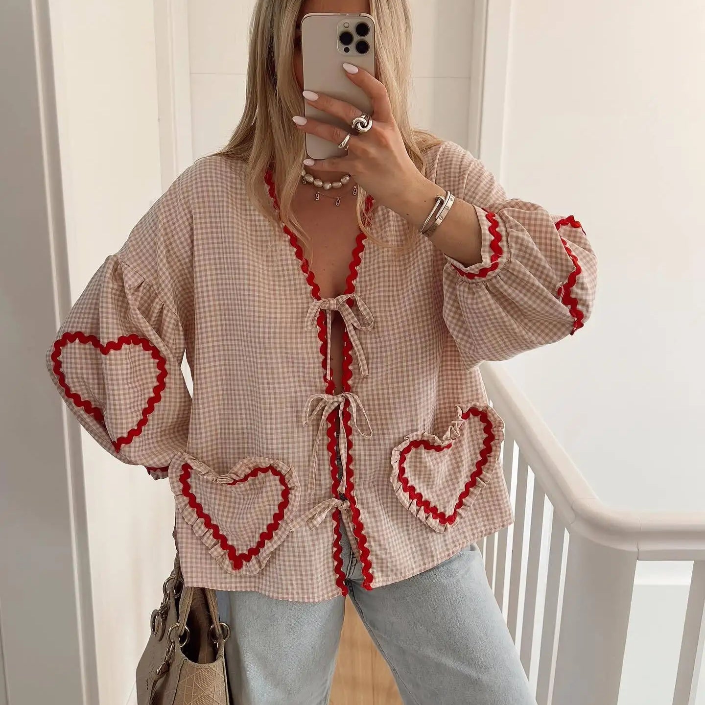 Vintage Women Loose Heart Pockets Shirts  Fashion Ladies Casual V Neck Bow Buttons Blouses for Female Chic Tops Clothes