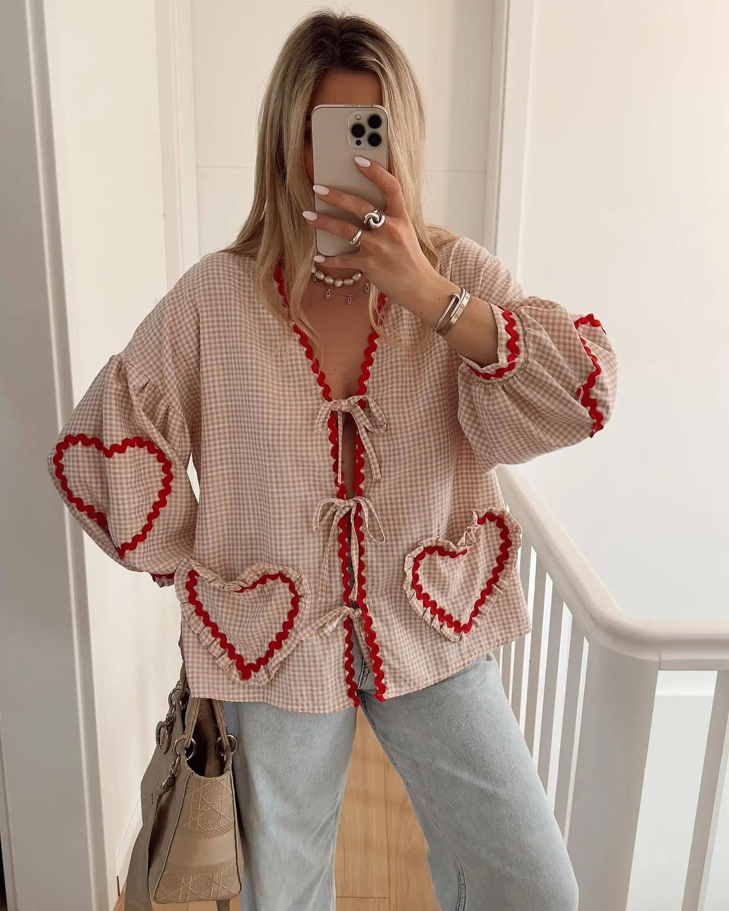 Vintage Women Loose Heart Pockets Shirts Fashion Ladies Casual V Neck Bow Buttons Blouses for Female Chic Tops Clothes