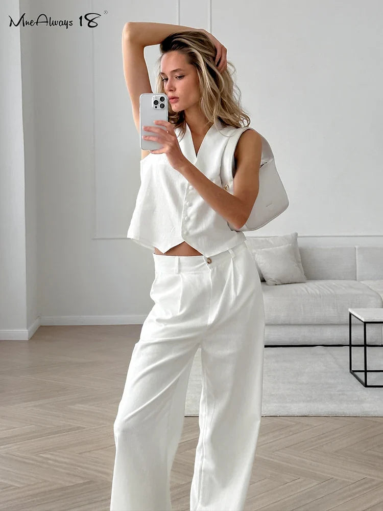Mnealways18 White Elegant Cotton Pants Sets Two Pieces Women Linen Blazers Tops And Wide Legs Pants Summer Office Ladies