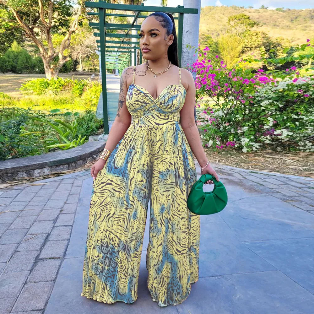 CM.YAYA Women Leopard Spaghetti Strap Loose Wide Leg Sleeveless Jumpsuit 2023 Summer Street Playsuit One Piece Suit Romper