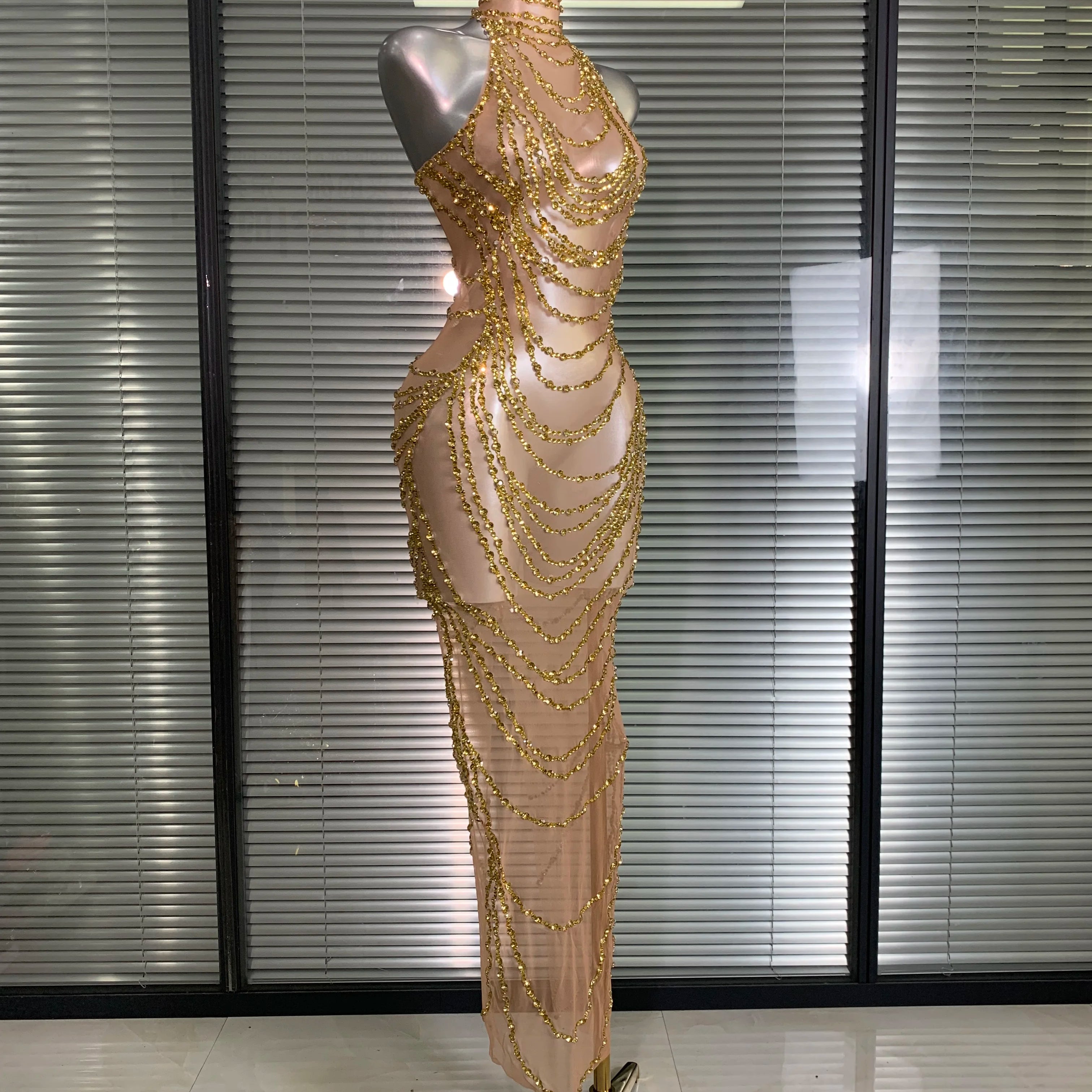 New Women Sexy Mesh Crystal Diamonds Shinning Long Maxi Dress See Through Gold Silver Party Costume Stage Performance Dress