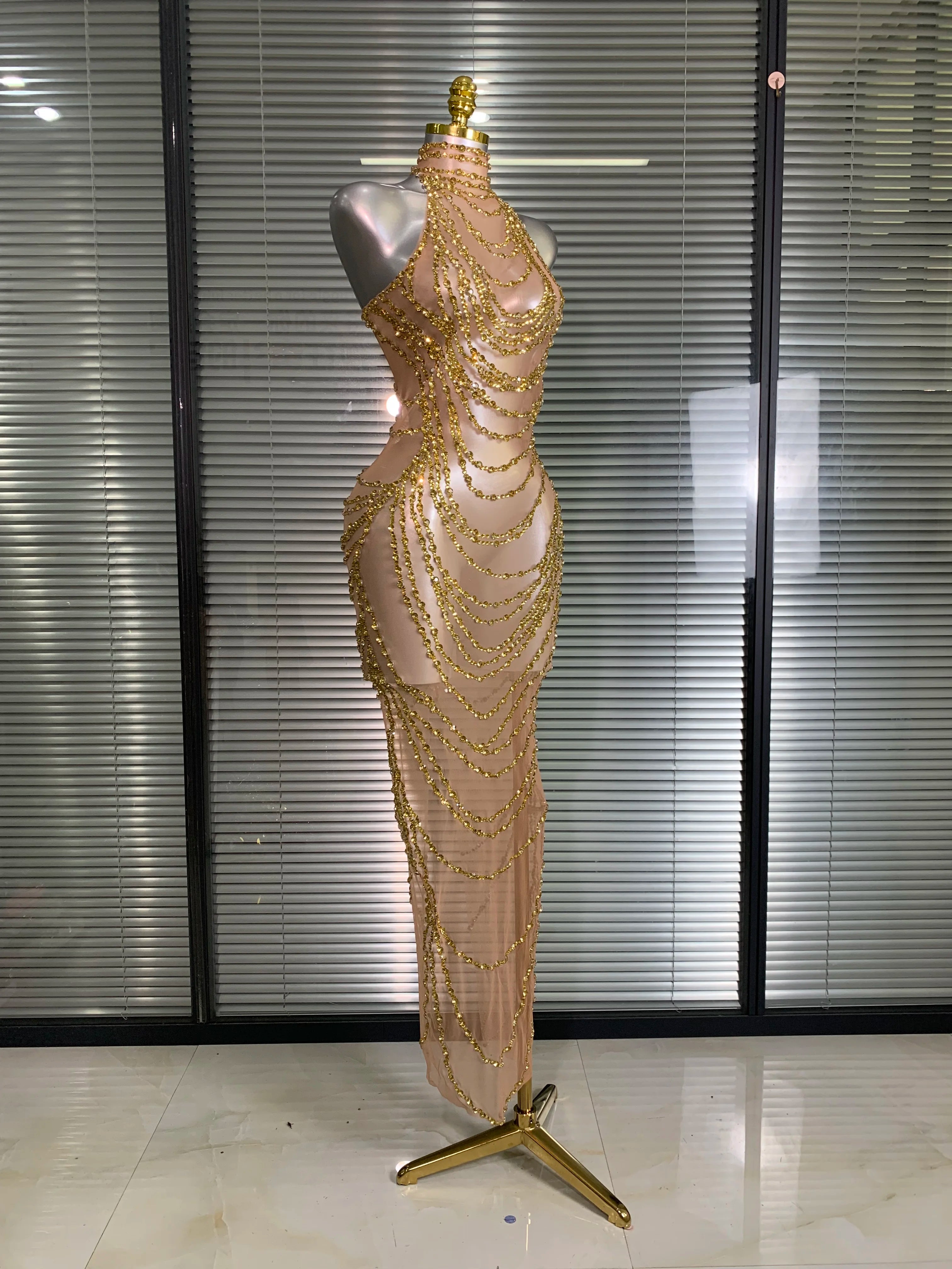 New Women Sexy Mesh Crystal Diamonds Shinning Long Maxi Dress See Through Gold Silver Party Costume Stage Performance Dress