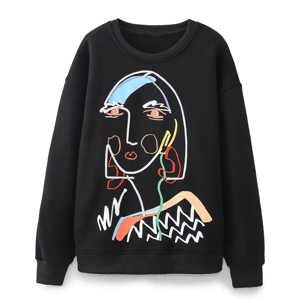 Autumn/Winter Women's New Fashion Casual Embroidery Girls' Pattern Sweater black