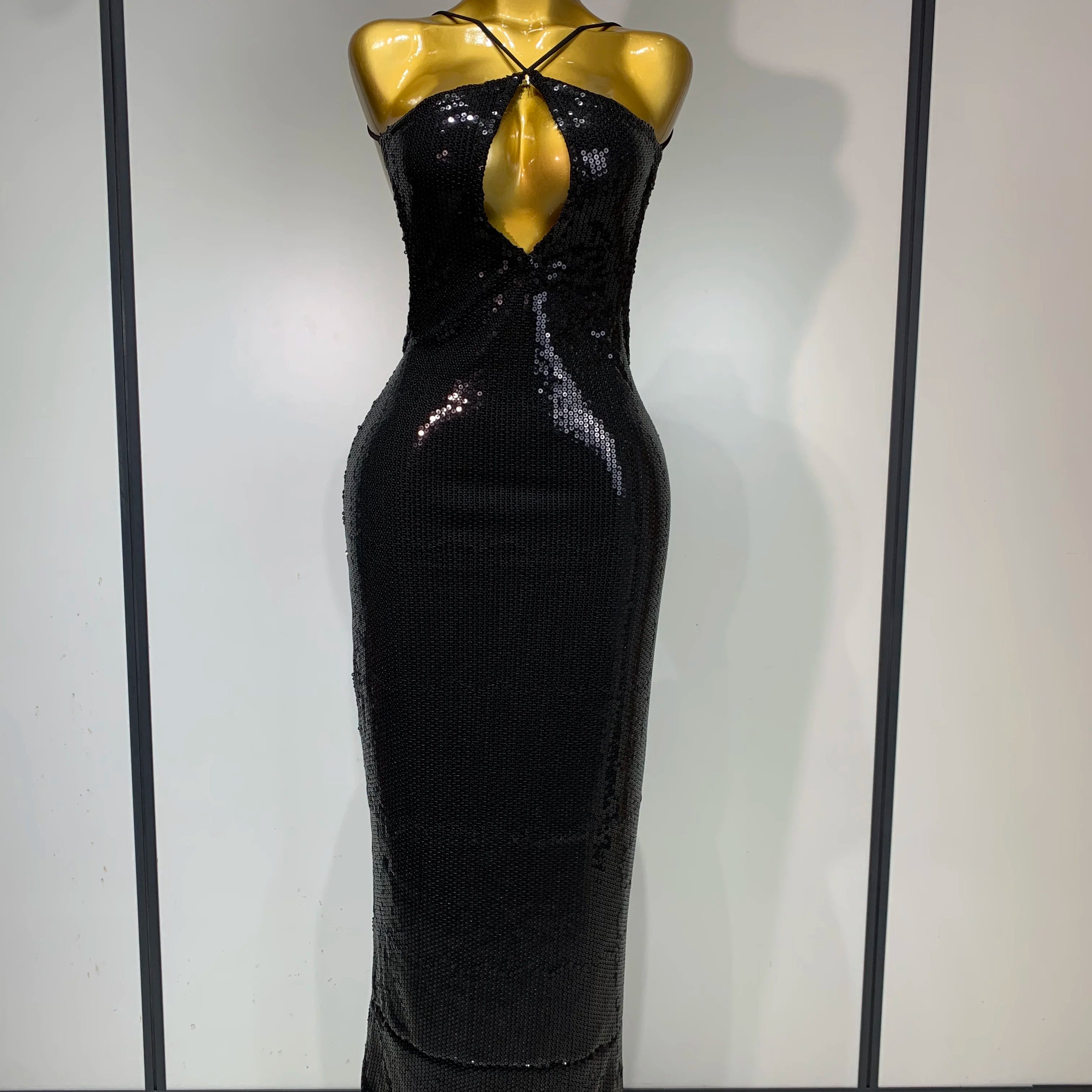 Luxury Sexy Backless Halter Gold Glitter Sequins Maxi Long Dress Elegant Sparkly Evening Party Club Dress Wedding Guest Gown