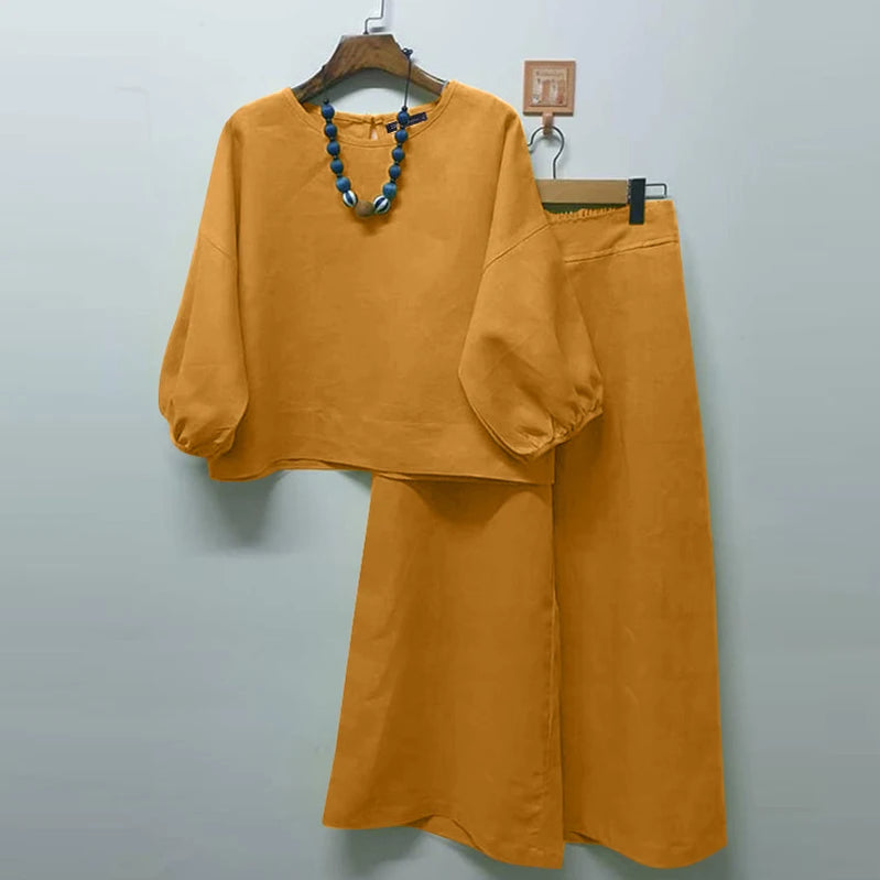 Summer Matching Sets 2PCS Women Urban Tracksuits 3/4 Sleeve O Neck Blouse & Wide Leg Pant Sets Holiday Suit Outfits Yellow