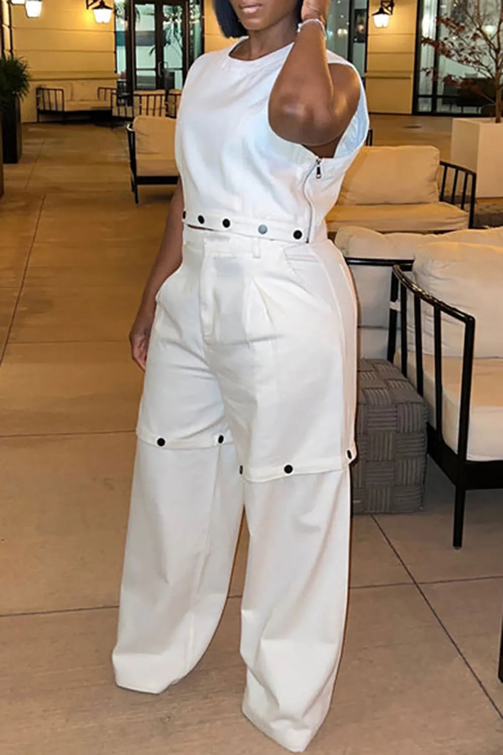 Flycurvy Plus Size Casual Pant Set White Round Neck Detachable Two Piece Pant Set With Pocket