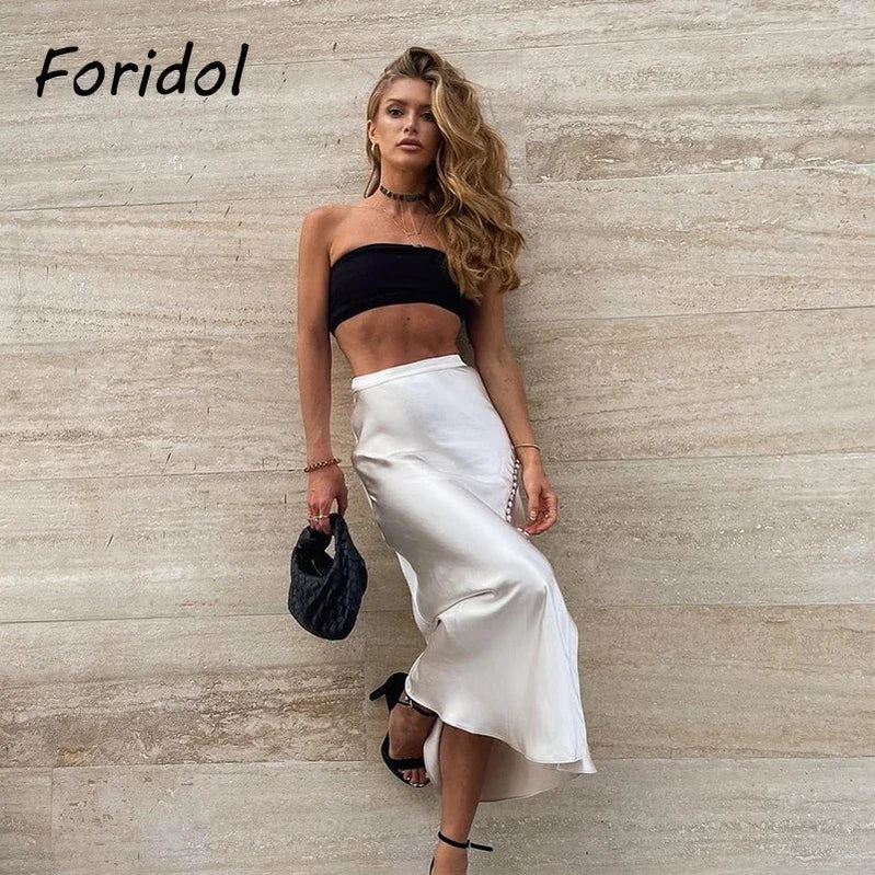 Foridol High Waist Button Slit Midi Satin Skirts Womens Autumn A-line Silk Elegant Skirt Bottoms Office Skirt Faldas Mujer