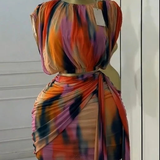 CM.YAYA Tie Dye Printed Women's Set Ruched Short Sleeve T-Shirt Tops and Stacked Mini Skirts Suit 2025 Two 2 Piece Sets Outfit