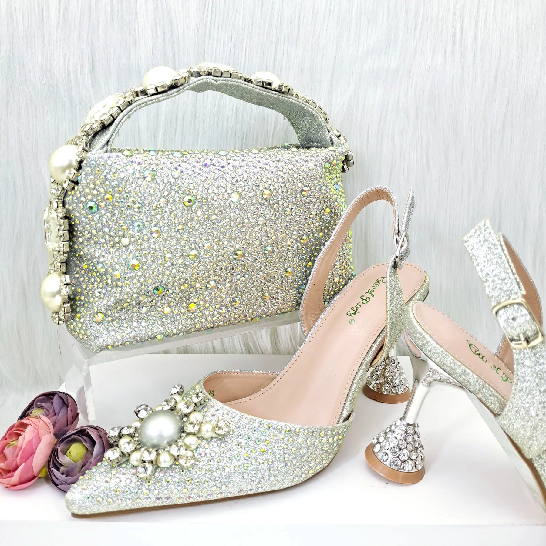 Gold Color Elegant Lady Shoes And Bag Set with Rhinestone Embellished Pearls-knot Wear-resistant And Comfortable Heel Silver