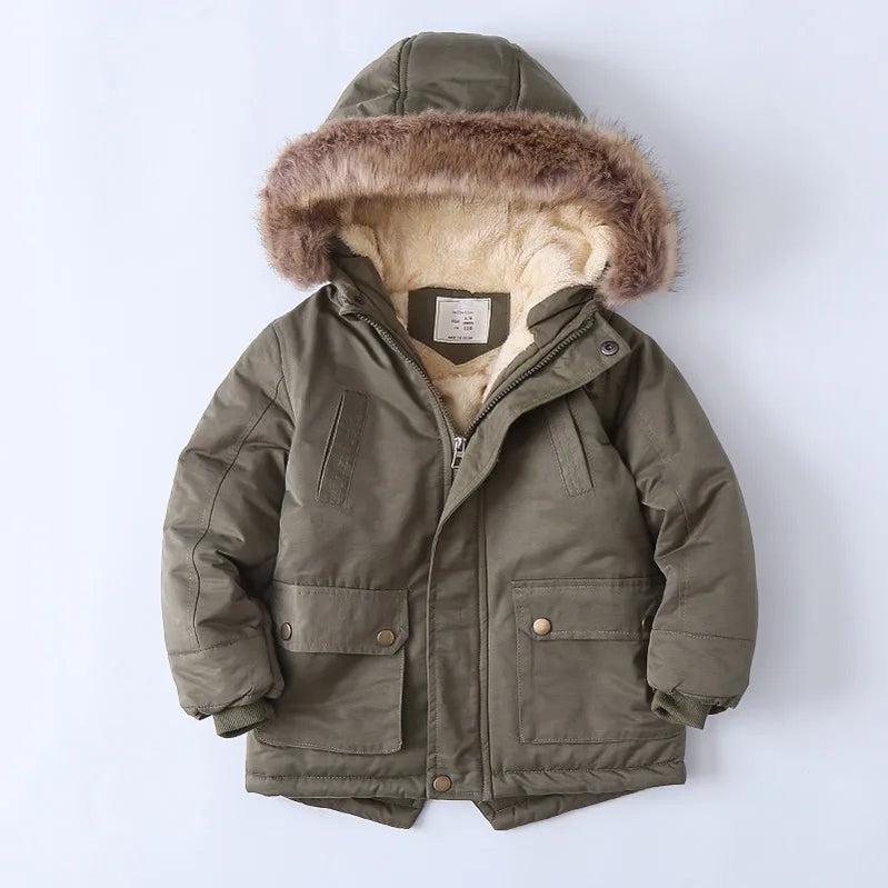 Boys Coats Autumn Winter Fashion Hooded Fur Children's Plus Velvet Warming Cotton Outerwear For Kids Jacket 5-14 Years Army green