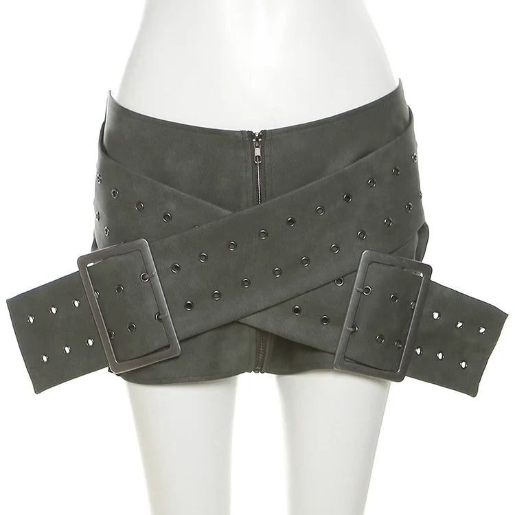 Weird Puss Y2K Leather Luxury Skirts Women Summer Fashion Cross Belt Zipper Solid Wild Streetwear Peach Hip Low Waist Bottoms