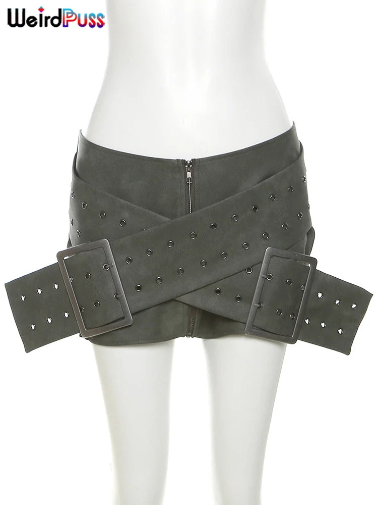 Weird Puss Y2K Leather Luxury Skirts Women Summer Fashion Cross Belt Zipper Solid Wild Streetwear Peach Hip Low Waist Bottoms