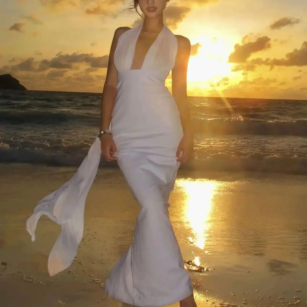 Long Ribbon Sexy V-Neck Sleeveless Halter White Mini Ankle length Woman Birthday Party Dress Celebrity Evening Party Outfit