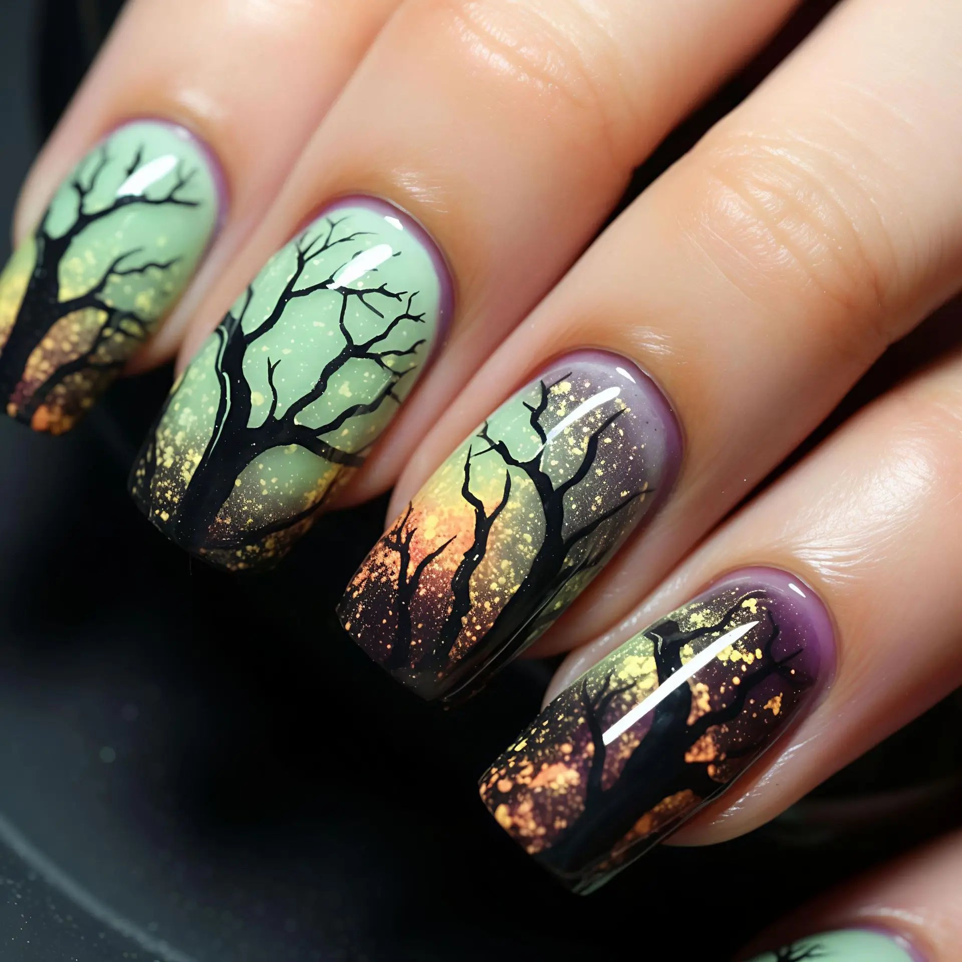 24pcs/set Short Medium fake nails for Halloween party Dead trees and crows bat Night sky Square almond tips press on false nail
