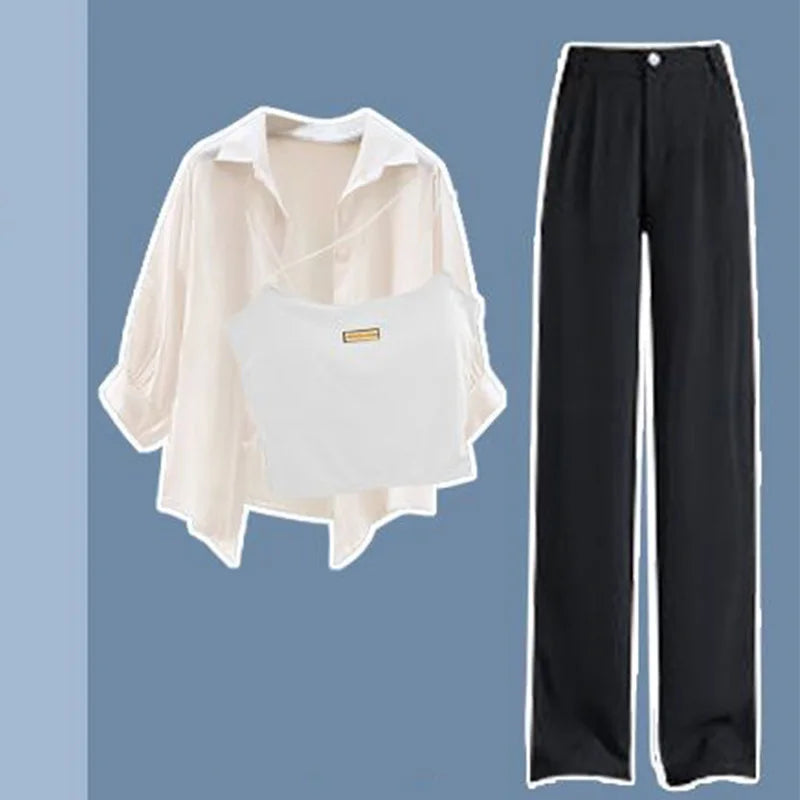 Large Women's Summer Set 2023 New Fashionable Shirt with Hanging Straps and Wide Leg Pants Three Piece Set Y2k Clothes Women Three piece set 1 3