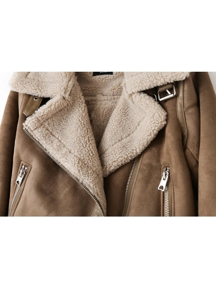 Brown Jacket For Women Winter Vintage Fur Integrated Jacket Lapel Long Sleeves Jackets Female Outwears Chic
