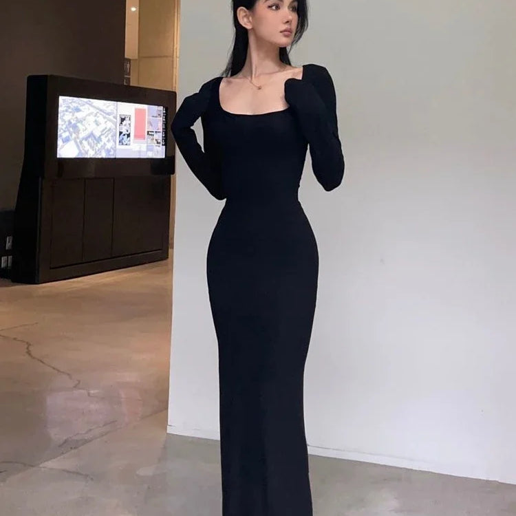 Y2K Sexy Black Dress Women Vintage Wrap Slim Bodycon Long Dresses Party Evening Square Collar Fashion Spring Outfits