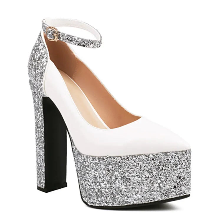 Women's Thick Soles High Heels Fashion Sequins Pointed Elegant Platform Women's Banquet Wedding Party Women's Shoes 55- white