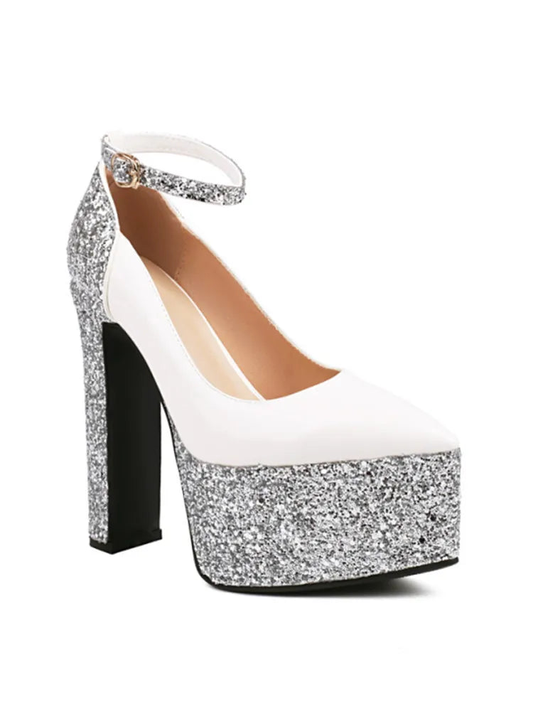 Women's Thick Soles High Heels Fashion Sequins Pointed Elegant Platform Women's Banquet Wedding Party Women's Shoes 55- white