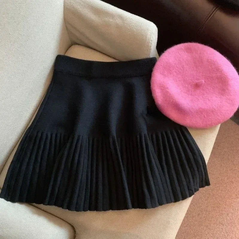 Pleated Skirt Women's Winter High-waisted A-line Skirt Knitted Skirt Preppy Style Women Clothing Black One size