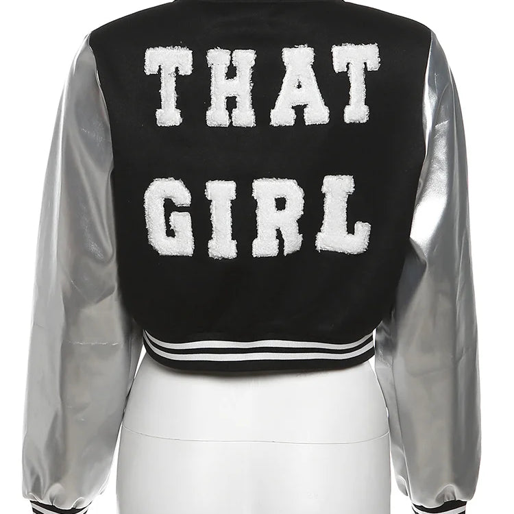 Weird Puss Fluffy Letter Short Jacket Varsity Women Hipster Leather Sleeve Patchwork Y2K Baseball Casual Wild Streetcoat Outwear