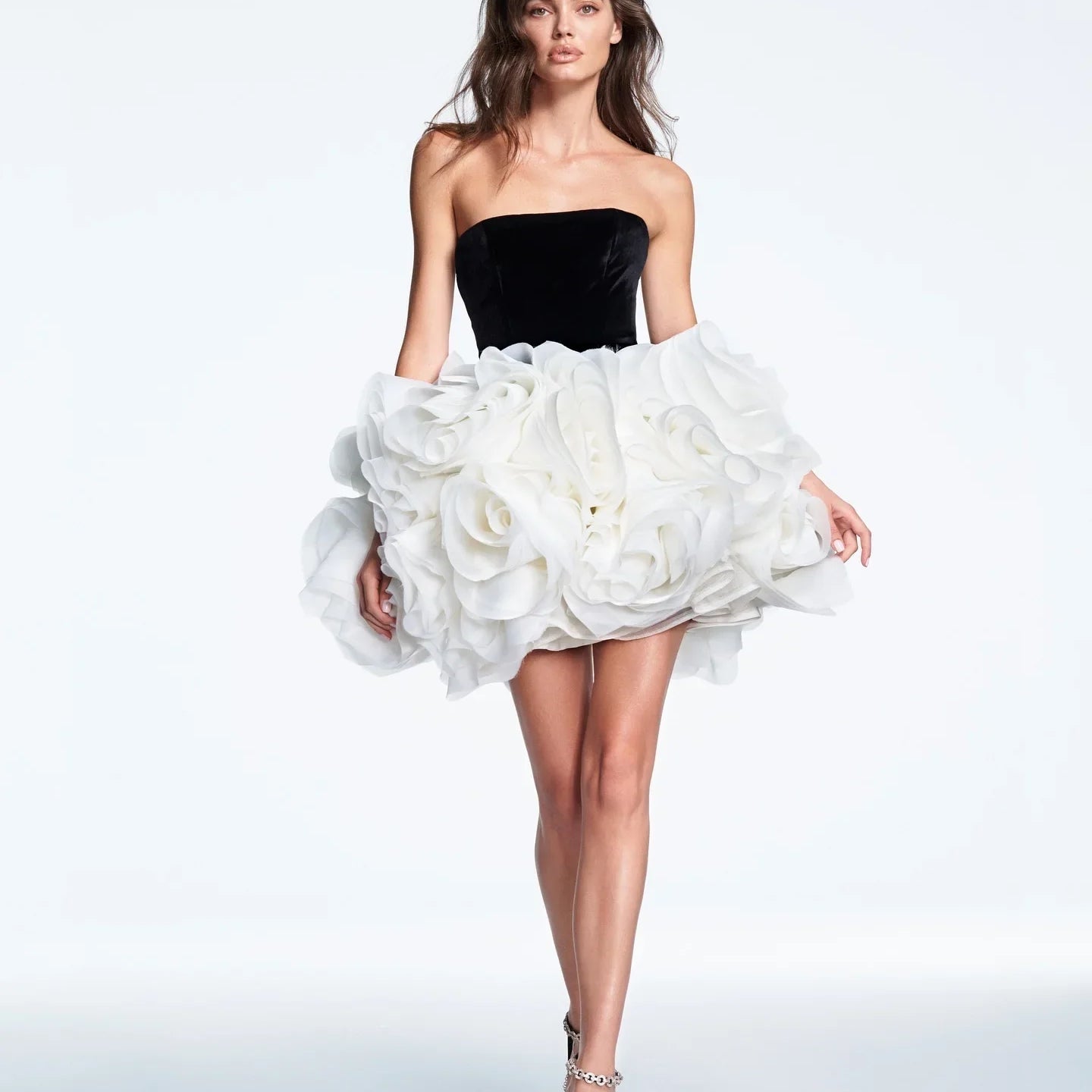 Summer Women Sexy Strapless Ball Gown Mini Cute Dress Big Florals Celebrate Birthday Party Photo Shoot Outfit