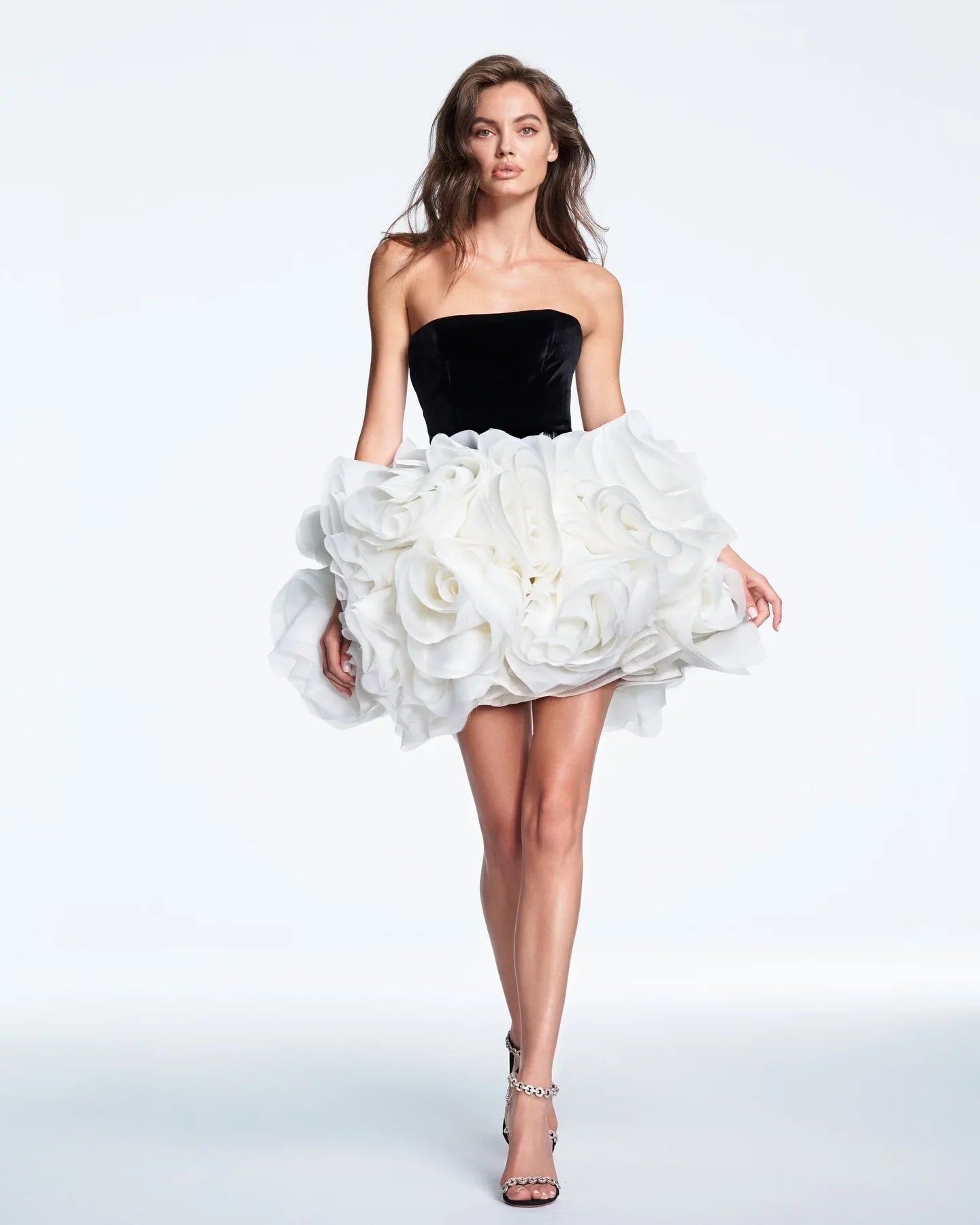 Summer Women Sexy Strapless Ball Gown Mini Cute Dress Big Florals Celebrate Birthday Party Photo Shoot Outfit