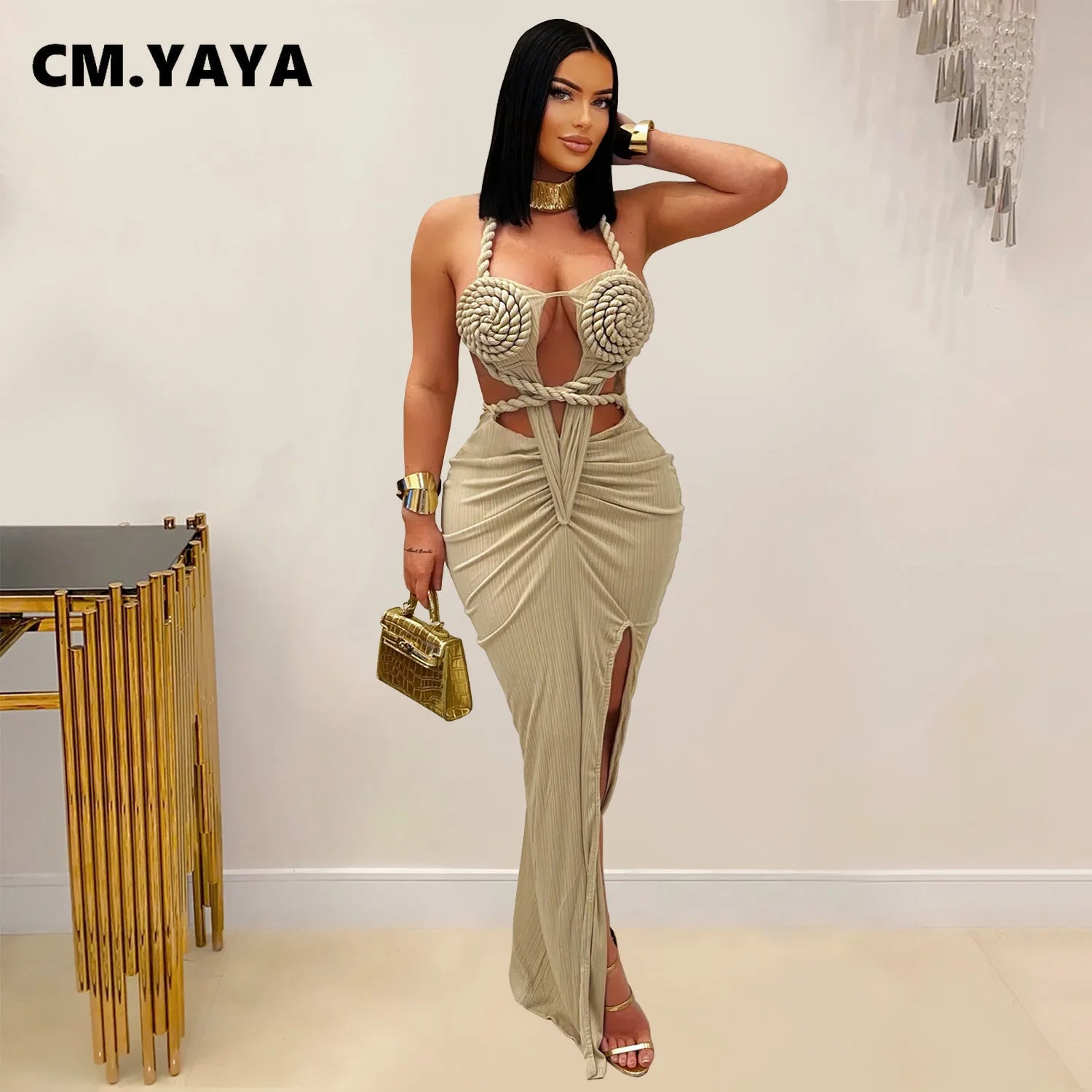CM.YAYA Women Hemp Rope Halter Neck Stacked Ruched High Split Knit Bodycon Midi Maxi Long Dress 2025 Birthday Sexy Party Dresses