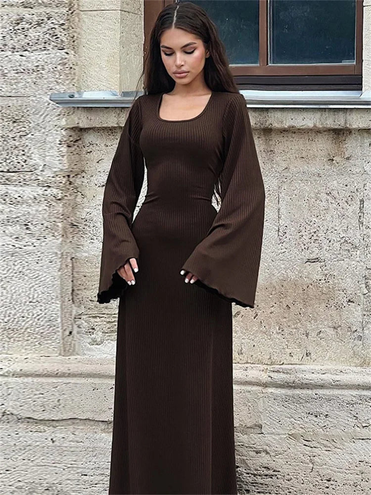 Tossy Scoop Neck Lace-Up Ribbed Maxi Dress Female Long Sleeve Fashion Slim Loose Bandage Dress Autumn 2024 Solid Women Dress New