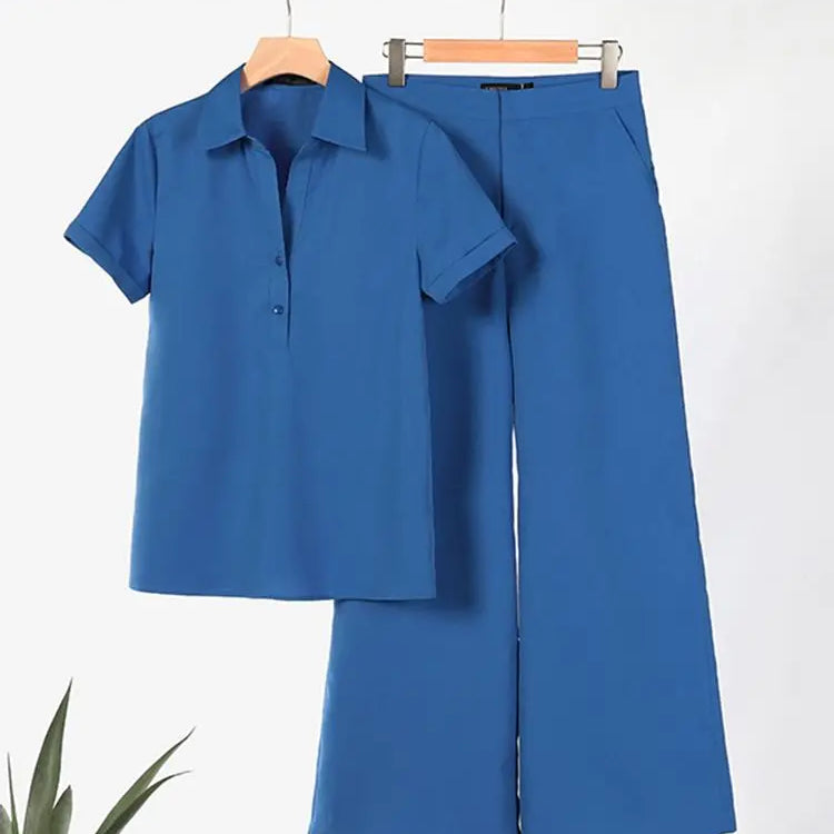 ZANZEA Summer Fashion Suit Lapel Short Sleeve Shirt Wide Leg Pants 2pcs Woman Vintage Office OL Matching Sets Casual Tracksuits
