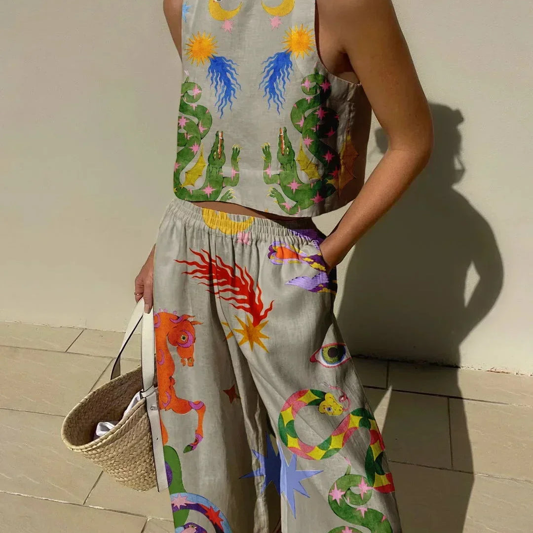 Casual Printed Pant Suits For Women Vintage Crew Neck Sleeveless Vest High Waist Loose Trouser Sets Female Beach Holiday Outfits Grey